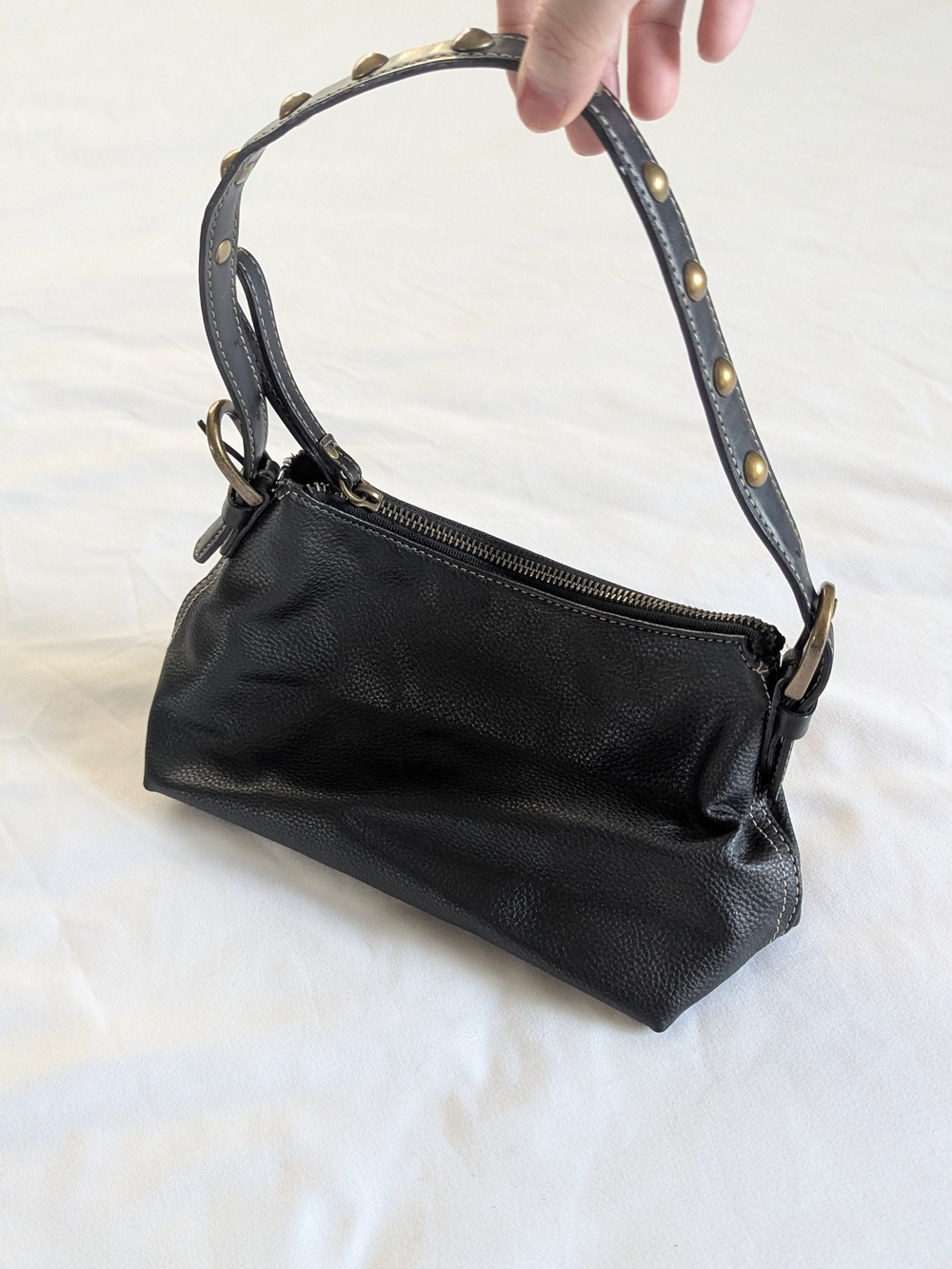 Vintage Nine West Black Leather Stud-Detail Shoulder Bag